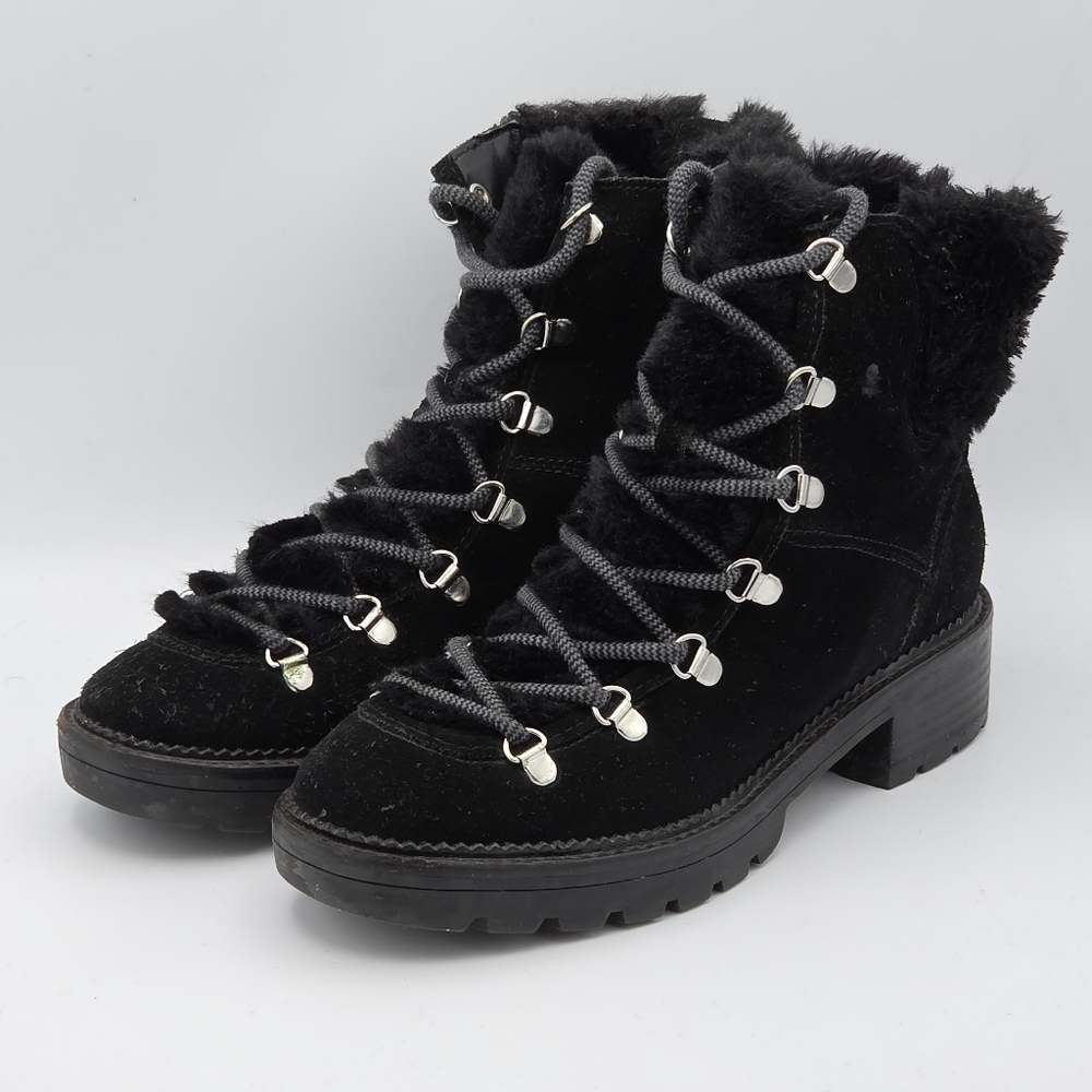 Marc Fisher Black Suede Fur-Trim Lace-Up Ankle Boots